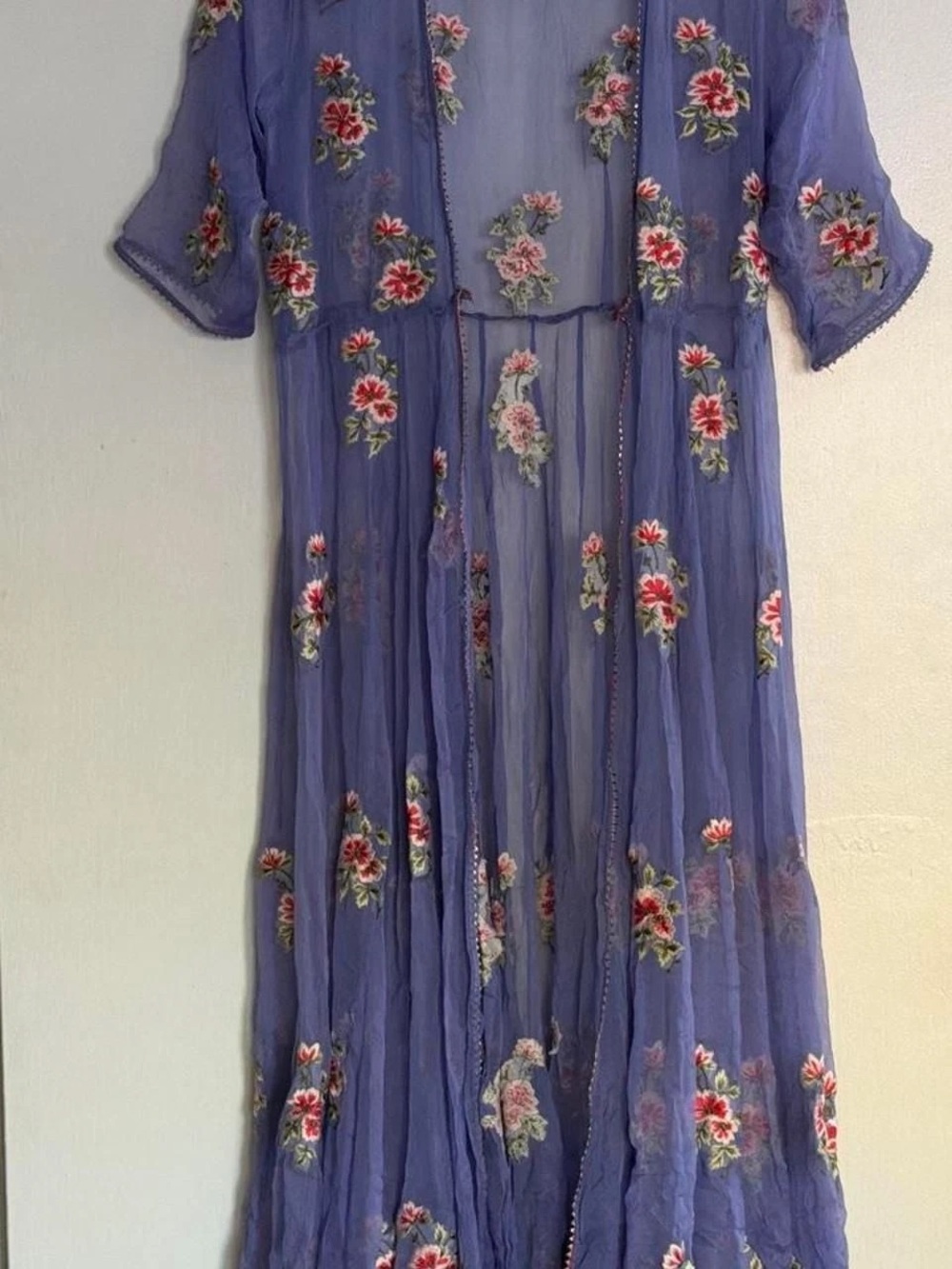 Source Unknown Lavender Sheer Maxi Dress with Red Floral Appliqués